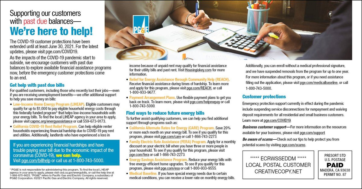 capmadera's tweet photo. STOP struggling to pay your past-due energy bill? Contact PG&amp;E to see how they can help. #capmc #helpingpeople #energybill #covid https://t.co/MQkAbvht3P