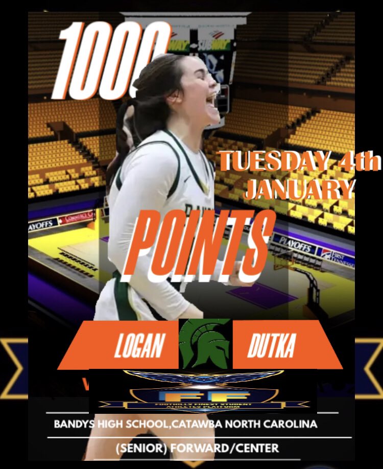 #FF sends out a Huge Congratulations to (Senior) Forward/Center ✨Logan Dutka✨of the Bandys High School girls basketball team (Catawba,NC) for making history Tuesday, scoring her 1,000th career point‼️🏀💪🏽#NCFOOTHILLSFINEST
<a href="/logan_dutka/">Logan Dutka</a>