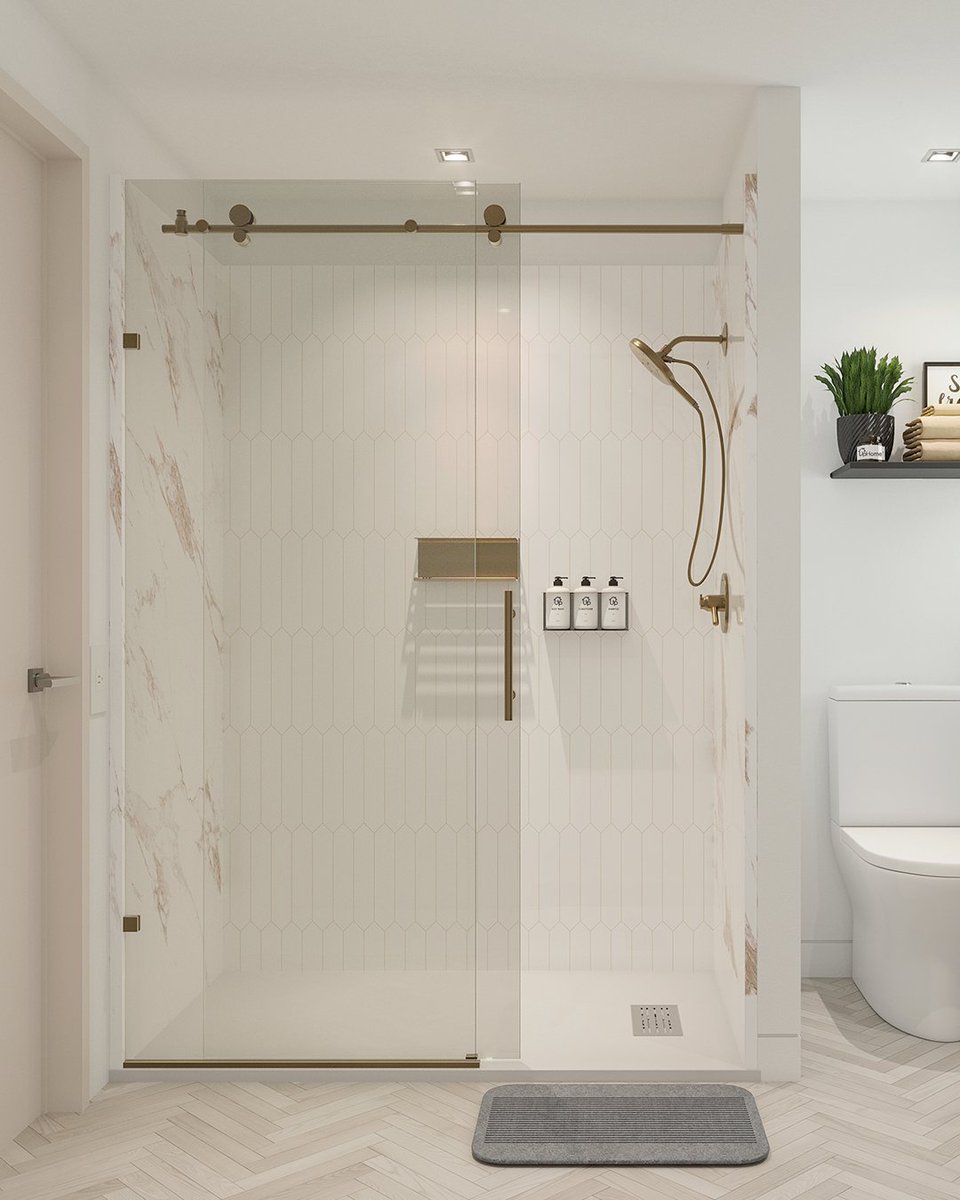 UpHomeNow's tweet photo. Who says small bathrooms can't be stylish? Check out this marvelous Espresso Carrara &amp; Mocha Picket UpHome Shower with Champagne Bronze hardware, including a Nebia by Moen Quattro Hand Shower Head Kit. 

#bathroomgoals #bathroominspo #bathroomdesign #bathroomreno #bathroomremodel https://t.co/FvNjsOlBew