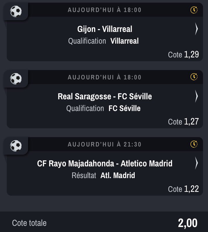 RayZenPronos's tweet photo. PRONO DU JOUR🚀

🇪🇸Qualification Séville ( 1,27 )
🇪🇸Qualification Villarreal ( 1,29 )
🇪🇸Atletico Madrid ( 1,22 )

Cote totale : ( 2,00 )🍀

#TeamParieur #TeamParieurs https://t.co/7k46LihiDC