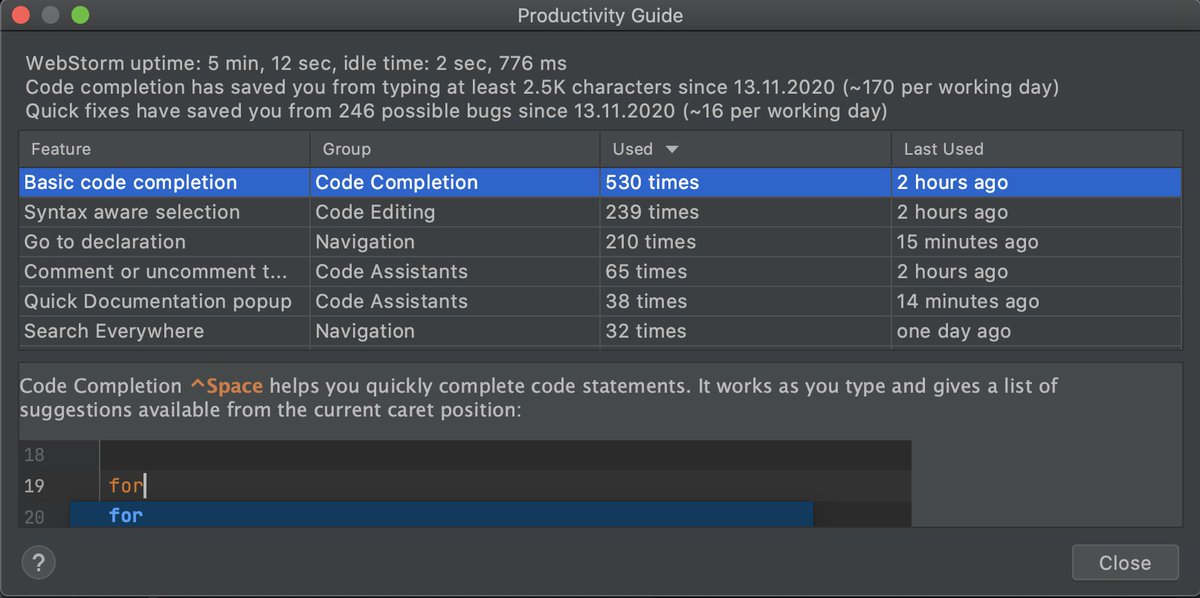 WebStormIDE's tweet image. Go to Help | Productivity Guide in the main menu to find out how actively you’re using WebStorm features and to learn some new tips and tricks. #WebStormTip