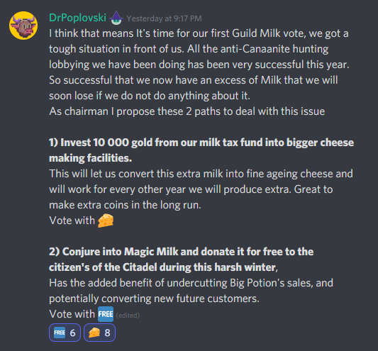 MILK GUILD MEMBERS!
Do not miss our first official vote today, in the Milk Guild Channel of <a href="/forgottenrunes/">Forgotten Runes Wizard's Cult</a> .
The vote is tight!