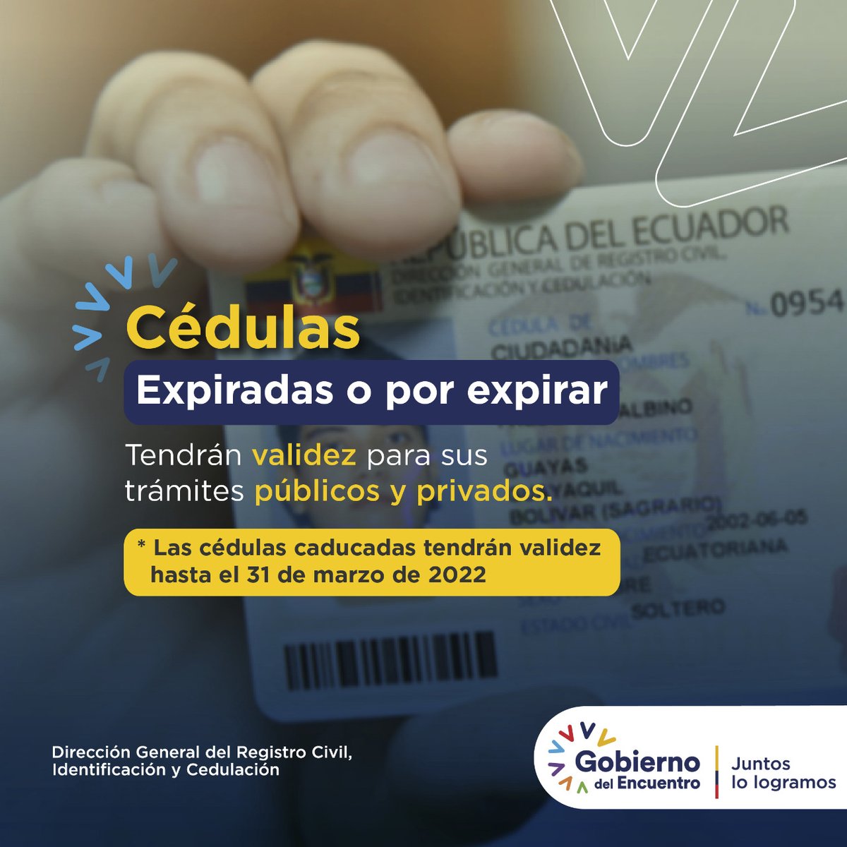 ¡Garantizamos el derecho a la identificación!

⚠️IMPORTANTE: Las cédulas expiradas o por expirar tienen validez en tus trámites públicos y privados, hasta el 31 de marzo de 2022. 

#GobiernoDelEncuentro