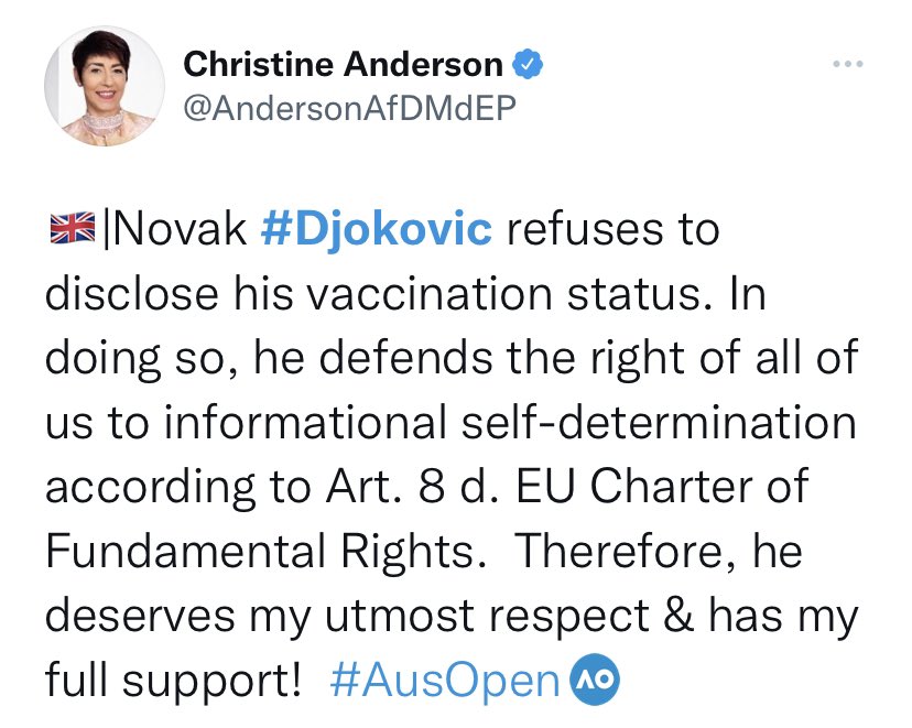 GillianMcKeith's tweet photo. I stand with #Djokovic #AustralianOpen2022 https://t.co/B8DdTWvSDF