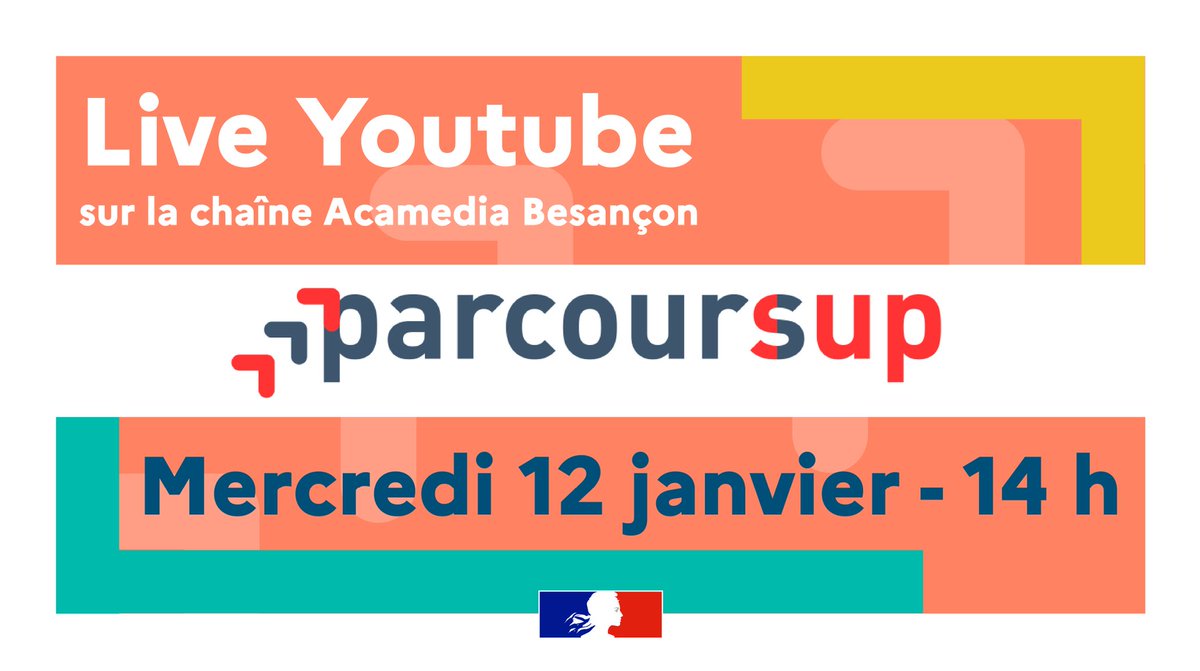 Live #Parcoursup n°1 <a href="/acbesancon/">Académie de Besançon</a>
🗓️Mercredi 12 janvier à 14h
À suivre sur ⤵️
youtube.com/watch?v=RCN2ld…

Comprendre #Parcoursup avant l'ouverture des inscriptions et la formulation des vœux.

En partenariat avec <a href="/CAVLBesac/">CAVL Besançon</a> et les vice-présidents CVL des lycées de l'académie.