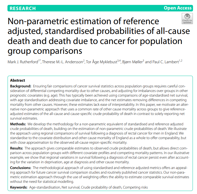 Mark Rutherford (@mjrutherford9) on Twitter photo NEW PAPER: Want to fairly compare cancer survival outcomes across groups with different other-cause mortality risks? Tired of trying to explain/interpret relative survival and "hypothetical worlds where you can't die of anything but cancer"? Have a read...
bmcmedresmethodol.biomedcentral.com/articles/10.11… NEW PAPER: Want to fairly compare cancer survival outcomes across groups with different other-cause mortality risks? Tired of trying to explain/interpret relative survival and "hypothetical worlds where you can't die of anything but cancer"? Have a read...
bmcmedresmethodol.biomedcentral.com/articles/10.11…