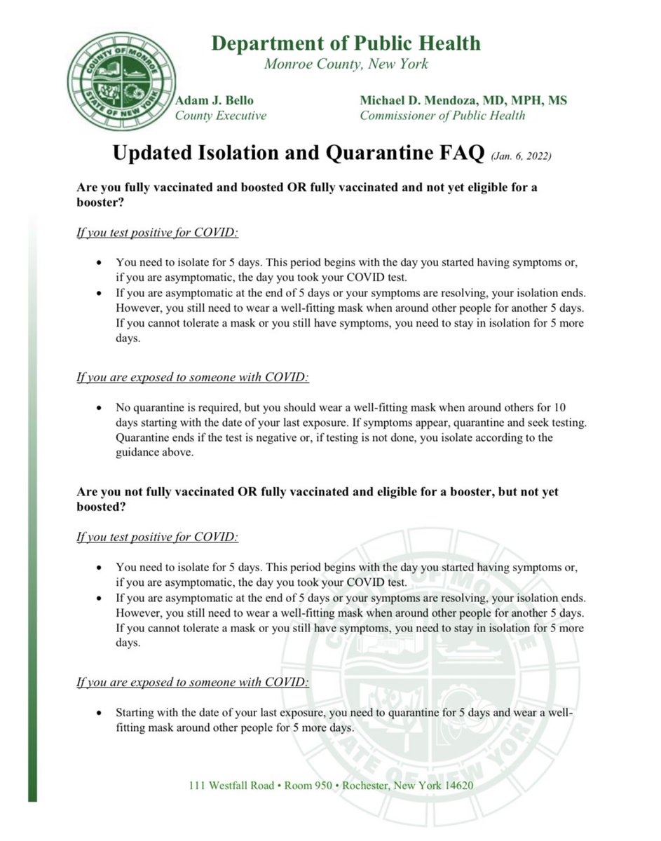 DrMikeMendoza's tweet image. Isolation and quarantine guidelines are changing frequently.  This is a quick summary of the latest guidelines that we are now following in Monroe County.