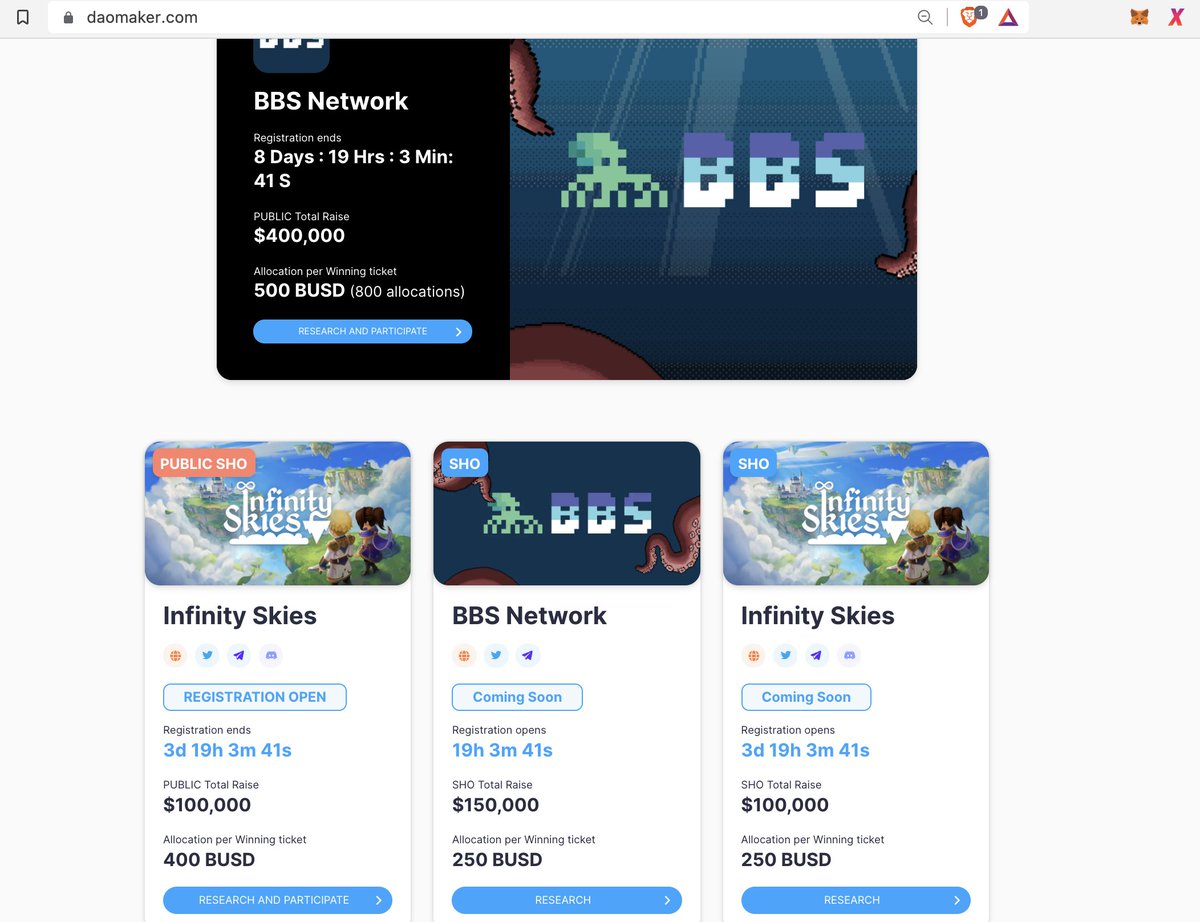 DAO Maker (@daomaker) on Twitter photo 1. Public SHOs Open (Anyone Can Join)👇
- <a href="/BBSnetworkIO/">BBS Network</a> 9 days left
- <a href="/Inf_Skies/">Infinity Skies</a> 4 days left
2. $DAO Exclusive SHOs ( For DAO holders)👇
- $BBS starting in 20 hours
- $ISKY starts in 4 days
Participate Now!
daomaker.com 1. Public SHOs Open (Anyone Can Join)👇
- <a href="/BBSnetworkIO/">BBS Network</a> 9 days left
- <a href="/Inf_Skies/">Infinity Skies</a> 4 days left
2. $DAO Exclusive SHOs ( For DAO holders)👇
- $BBS starting in 20 hours
- $ISKY starts in 4 days
Participate Now!
daomaker.com