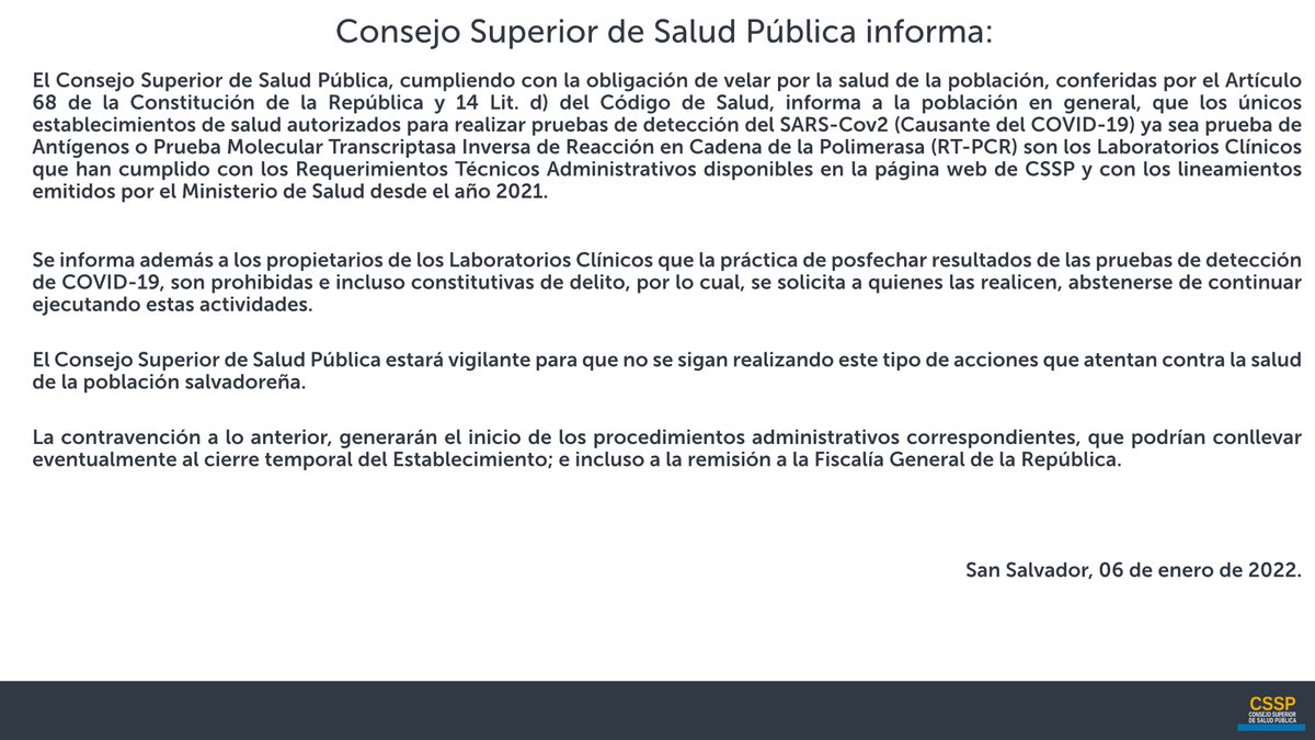 Le informamos a la población que los únicos establecimientos de salud autorizados para realizar pruebas de detección de COVID-19 (Antígenos y PCR) son los LABORATORIOS CLÍNICOS avalados por nuestra institución. 
Tomar en cuenta esta información: