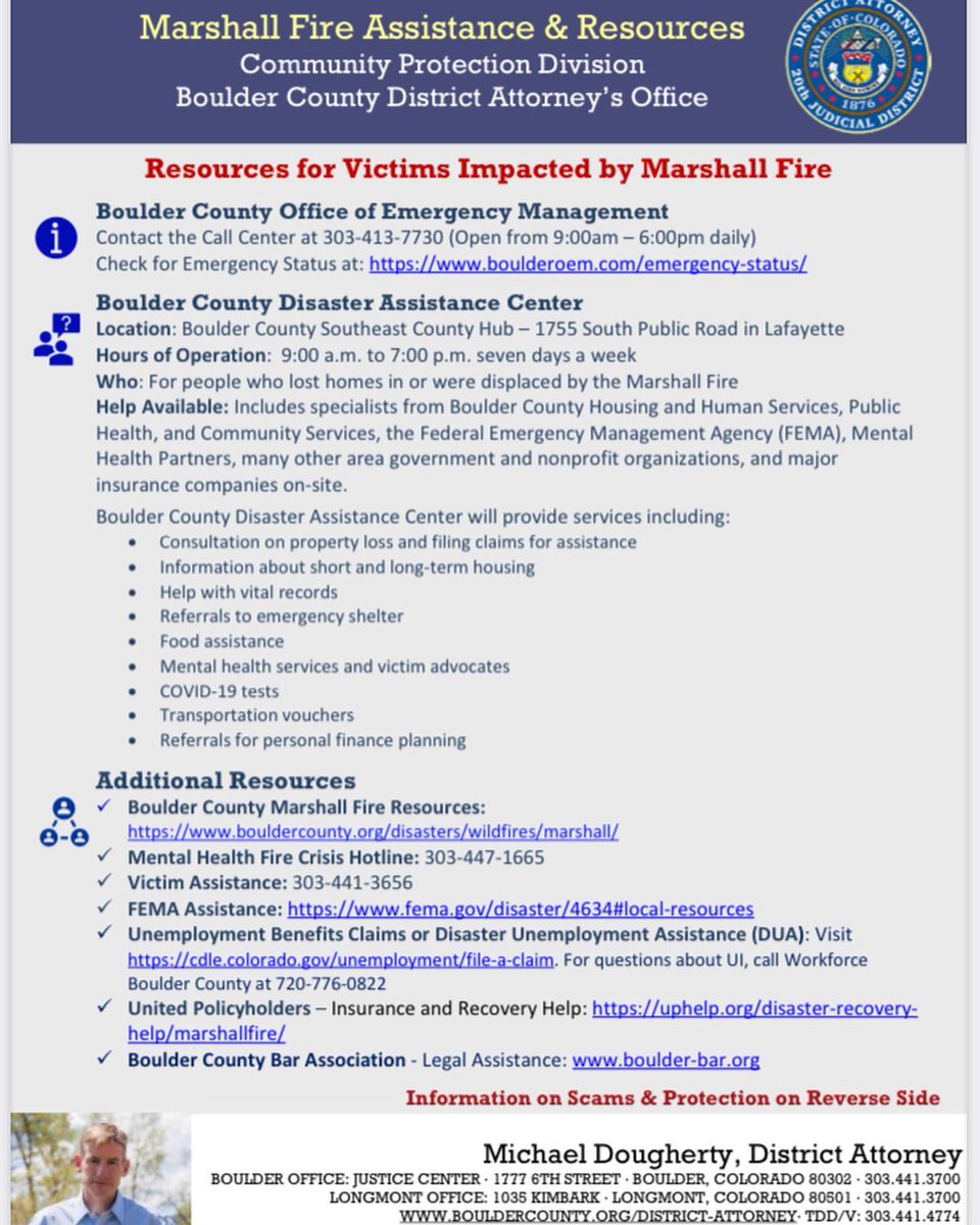 Boulder Police Dept. (@boulderpolice) on Twitter photo Though many people are showing their support for the victims of the #MarshallFire there are others who would take advantage. These are some good tips from the <a href="/DABoulder20th/">Boulder District Attorney</a> on what to look out for as well as verified resources for victims #BoulderFires Though many people are showing their support for the victims of the #MarshallFire there are others who would take advantage. These are some good tips from the <a href="/DABoulder20th/">Boulder District Attorney</a> on what to look out for as well as verified resources for victims #BoulderFires