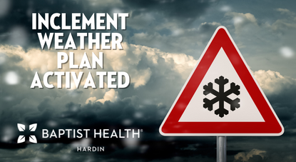 BapHealthHardin's tweet photo. Baptist Health Hardin has activated its Inclement Weather Plan. All hospital departments continue to be open and fully operational. Information about classes and  COVID testing site and vaccine clinic hours are available at https://t.co/hZo3jkZLl7 and https://t.co/dzQ23278Y9. https://t.co/LN3NYrijGg