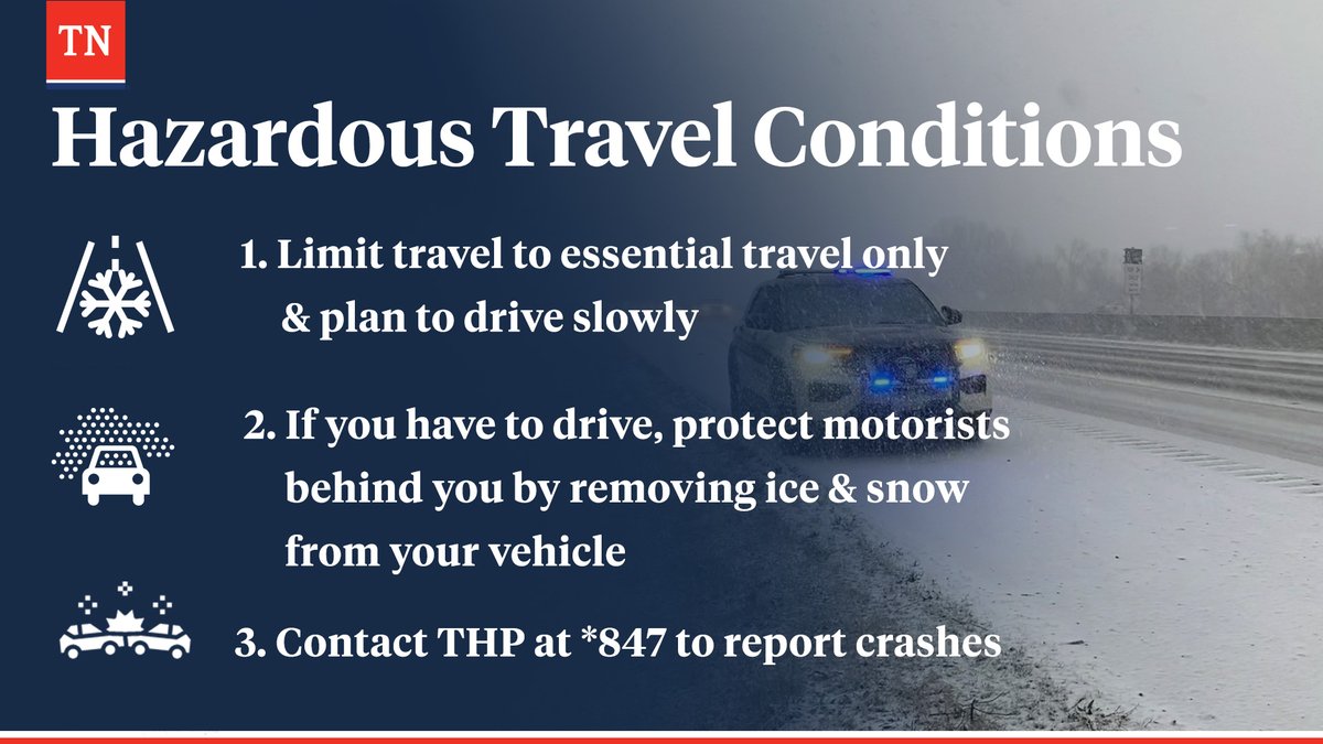 GovBillLee's tweet photo. .@myTDOT &amp; @TNHighwayPatrol are working non-stop to keep roads safe &amp; clear. We need YOUR help reducing volume. Stay safe, Tennessee. https://t.co/IPSXvusD7V
