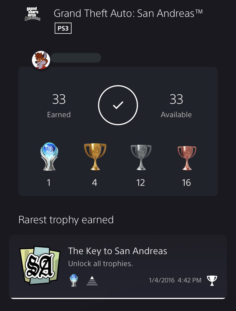 RealREDH3AD's tweet photo. Here’s my proof that I platinum GTA San Andreas three times. I’m so proud of myself :3
#GrandTheftAuto #SanAndreas #GTASanAndreas #platinumtrophy #PlayStation #PointlessHashtag https://t.co/0fqexox2sP