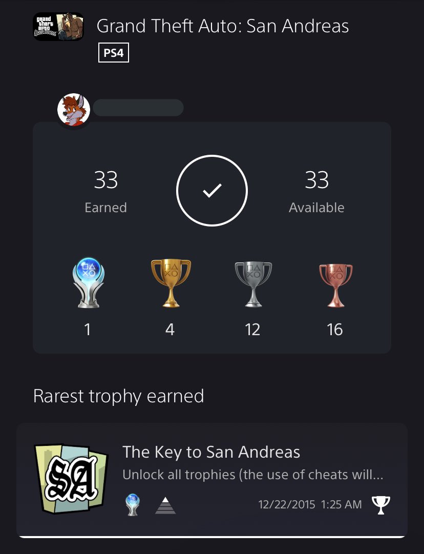 RealREDH3AD's tweet photo. Here’s my proof that I platinum GTA San Andreas three times. I’m so proud of myself :3
#GrandTheftAuto #SanAndreas #GTASanAndreas #platinumtrophy #PlayStation #PointlessHashtag https://t.co/0fqexox2sP