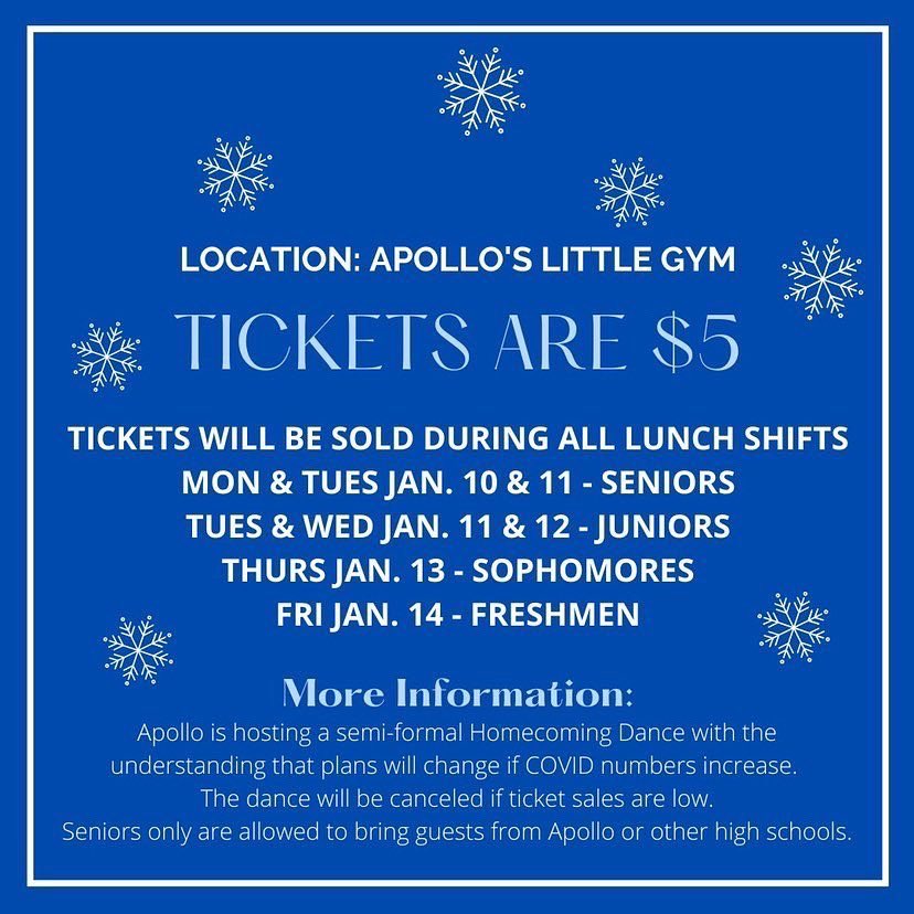 Mark your calendars for Apollo’s 2022 Winder Wonderland Homecoming ❄️ Please see the 2nd slide for more information. Seniors ONLY will be allowed to bring an outside guest. Please also understand that some things may change if COVID numbers increase.