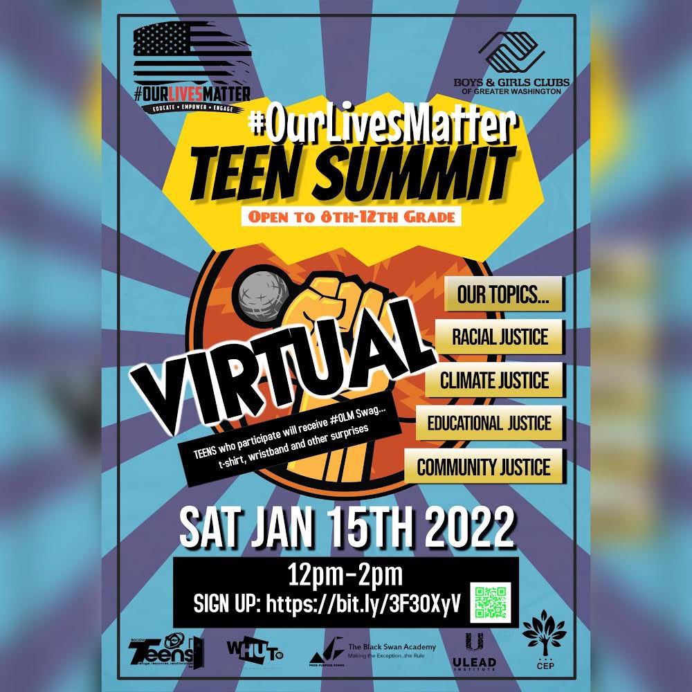 ULEADInstitute's tweet photo. Calling all teens to join the #OurLivesMatter Teen Summit on Jan 15 from 12pm to 2pm.  We will be virtual and it’s going to be 🔥🔥🔥

SIGN UP TODAY 👉🏾 https://t.co/p4OflUVGbz

#ulead #studentleader https://t.co/zKQiWhusKn
