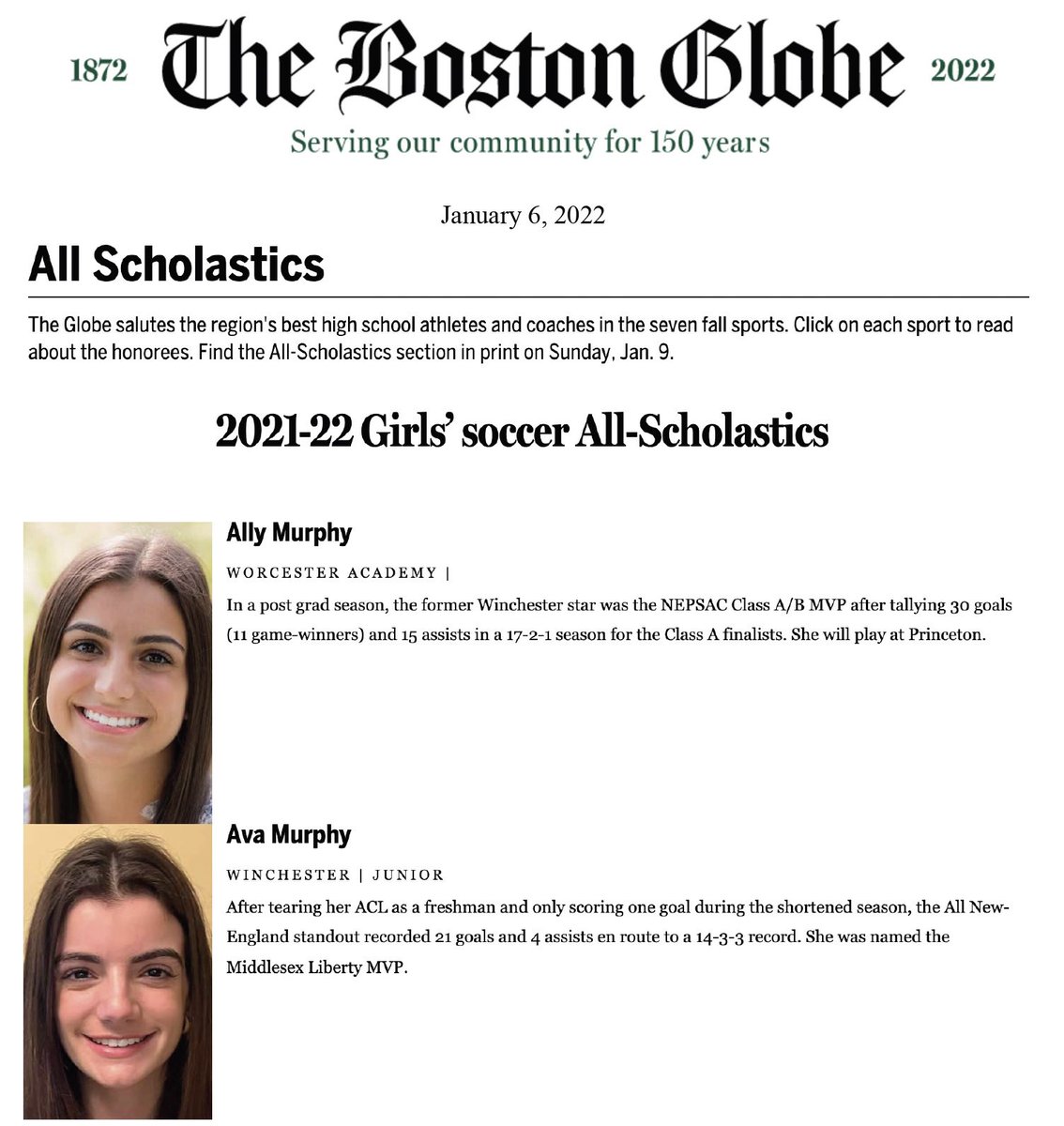 ☘️☘️ Can't go wrong leading off with the Murphys <a href="/GlobeSchools/">Boston Globe Schools</a>! 

Well done <a href="/BostonGlobe/">The Boston Globe</a> 

5️⃣1️⃣ combined goals. Both MVPs. That's good ⚽️
<a href="/EMGSCA/">EMass HS Soccer</a> <a href="/NESoccerJournal/">New England Soccer Journal</a> <a href="/Winch_Athletics/">Winchester Athletics</a> <a href="/starsofma/">FC Stars</a> <a href="/PrincetonWSoc/">Princeton WSoccer</a> 

📰 Print version Sunday. Yes I will take a picture and post that too!!