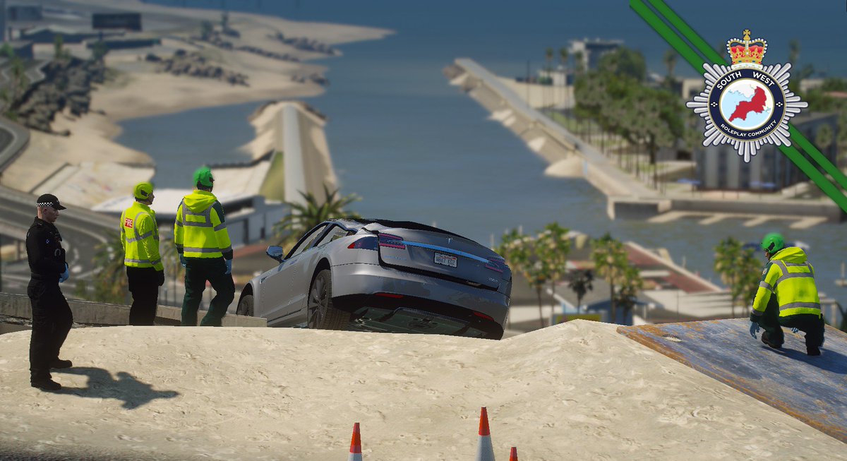 SWRPC_6001's tweet photo. Today the South West Ambulance Service and the South West Fire &amp; Rescue Service attended an RTC. A vehicle crashed and was hanging off of a overpass. Fire Service managed to Extract the Patient and Ambulance service treated them and took them to A&amp;E
#fictional
@SouthWestRPC21 https://t.co/uTKYHZMDwK