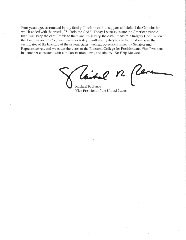 January6thCmte's tweet photo. 1:00 PM: Mike Pence begins the process of counting certified electoral votes from the states.

“My oath to support and defend the Constitution constrains me from claiming unilateral authority to determine which electoral votes should be counted and which should not.” https://t.co/6cPLG8eDjE