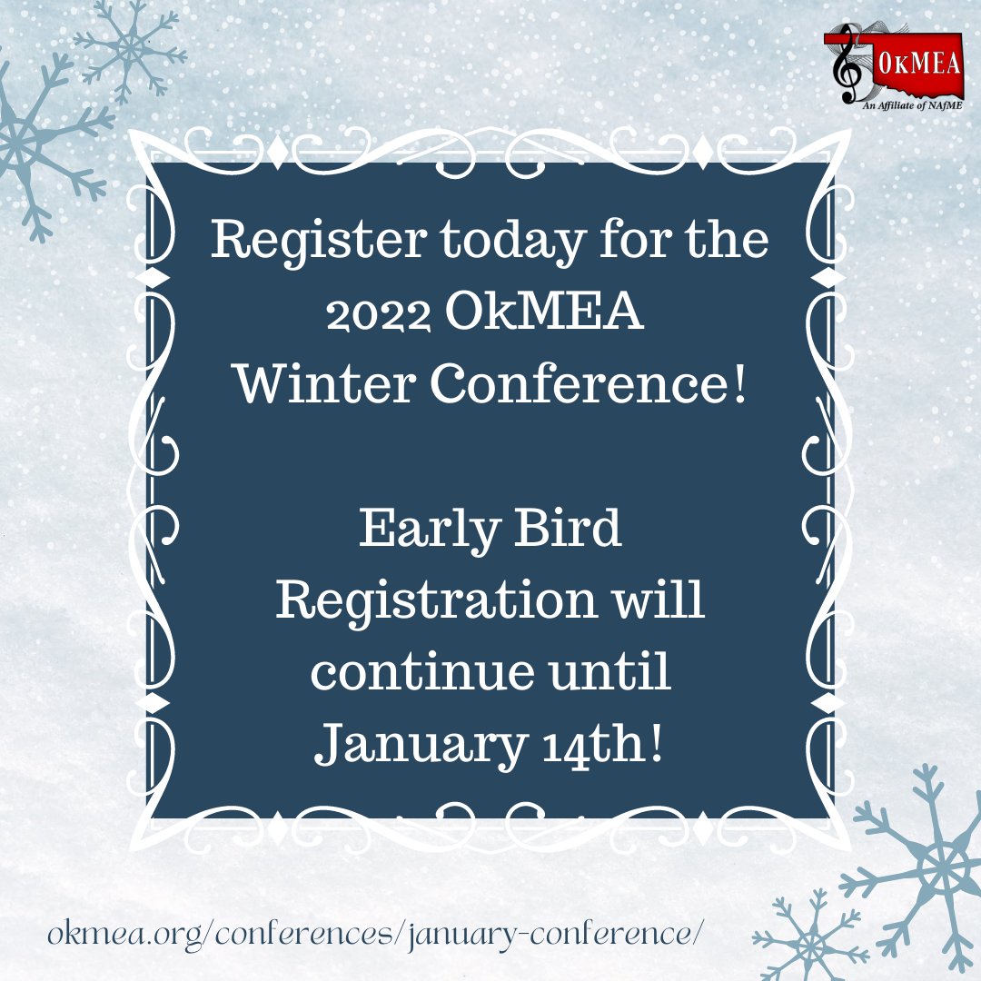 Early Bird Registration for the 2022 OkMEA Conference will continue through January 14th! Don't miss this opportunity to reconnect with your colleagues and learn more from our fantastic lineup of presenters! Register today! #okmea2022

ow.ly/j9jz50HlqYC