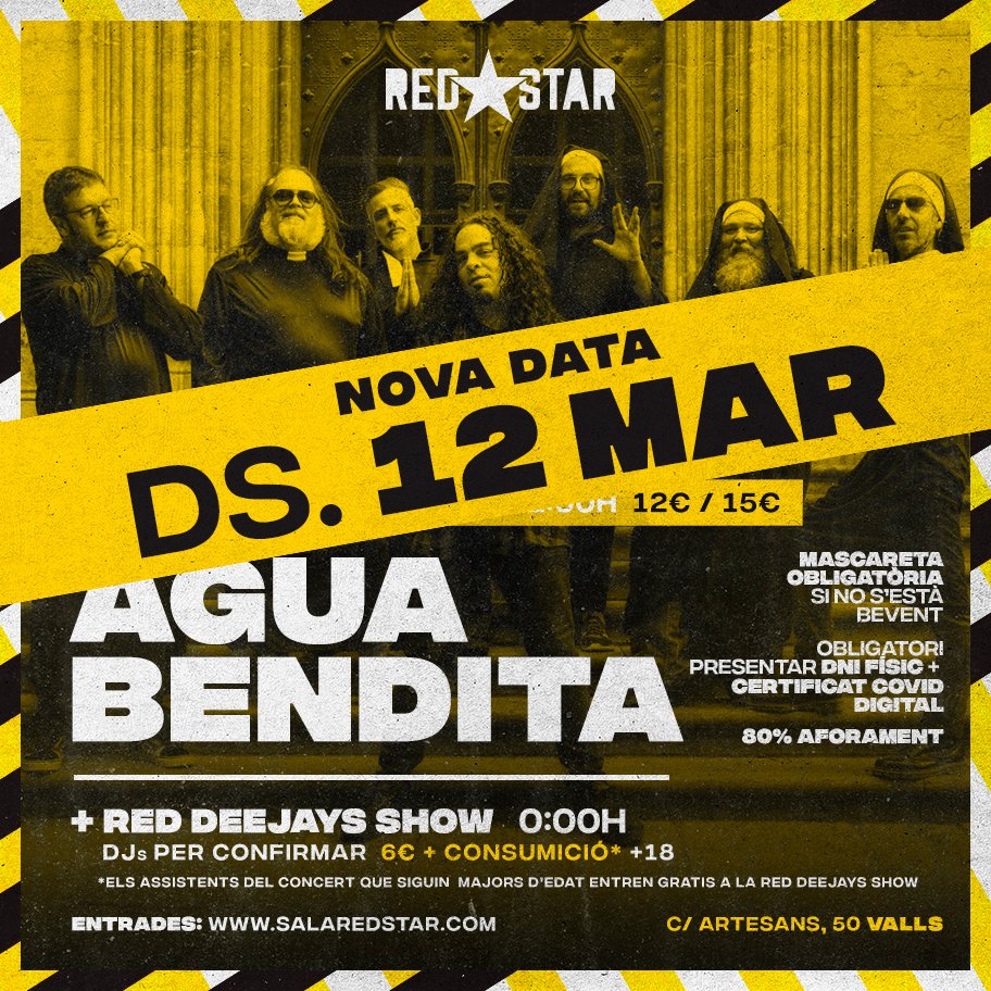 Ningú no ens treurà es ganes de veure el retorn de <a href="/LosAguaBendita/">Agua Bendita</a> i és per això que tenim nova: el 12 MAR.

Si ja tenies l'entrada 🎟, et servirà mateixa, i si no pots venir, pots demanar la devolució enviant un mail a contractacio@produccionssubmarines.com.