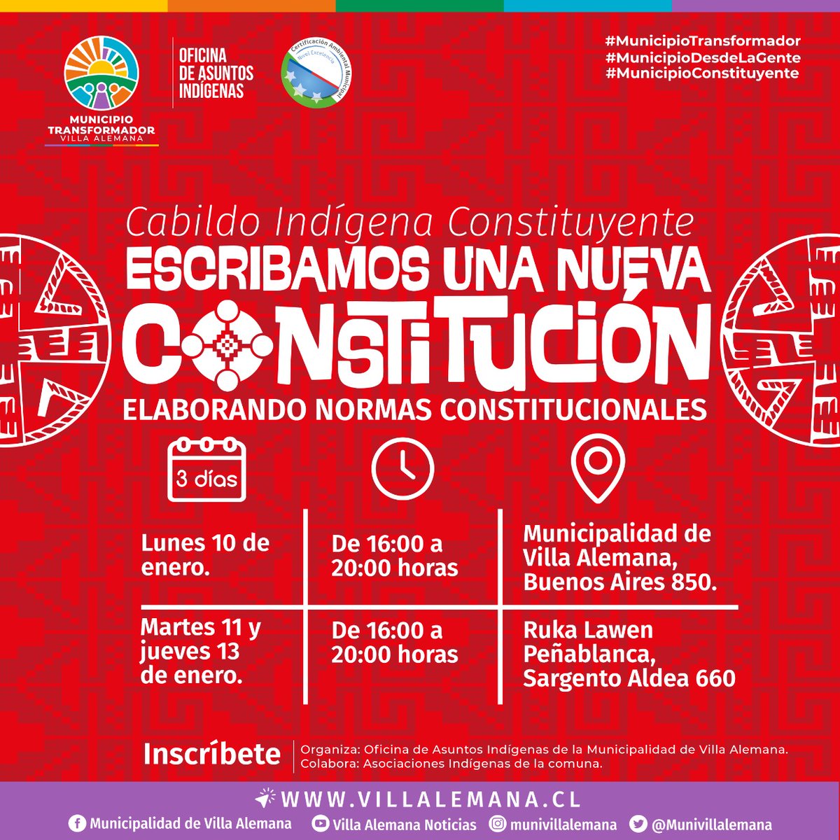 Los Cabildos se realizaran los días 10, 11 y 13 de enero entre las 16:00 y 20:00 horas.

10 de enero en Dependencias Municipales, Buenos Aires 850

11 y 13 de enero en la Ruka Lawen de Peña Blanca, Sargento Aldea 660.
Inscribete
forms.gle/SHjGvnzBCcoBVU…