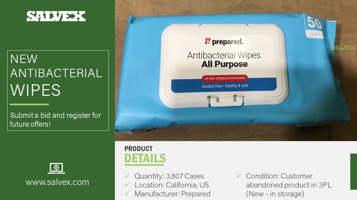 Salvex is collecting bids for this Antibacterial Wipes.

Please click the link below for more details and place your bid!

salvex.com/listings/listi…

#consumergoodsindustry #healthandbeautycare #antibacterialwipes #ecommerce #assetrecovery #sustainable #marketplace #salvex