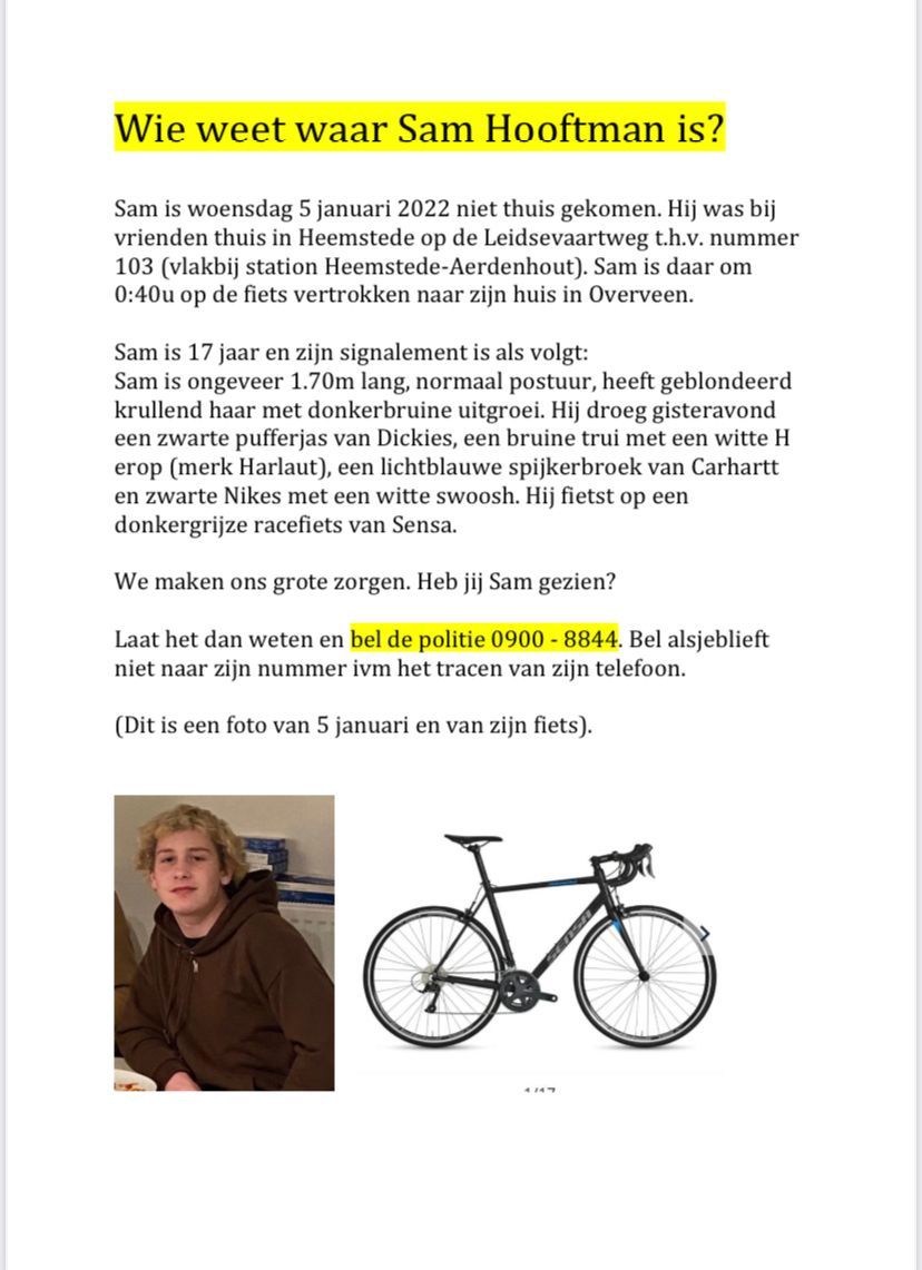 Hulp gezocht! Sam Hooftman uit Overveen is vermist!
#Haarlem #Retweet #durftevragen