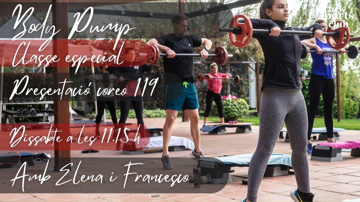 Aquest dissabte classe especial de presentació de la coreografia 119 de Body Pump.
Us esperem amb l'Elena i el Francesco a les 11.15 h.
Serà simplement... BRUTAL!

#CrackSportsClub #Esport #Fitness #AADD #BodyPump119 #BodyPump #New #Nova #Coreografia #Granollers #VallèsOriental