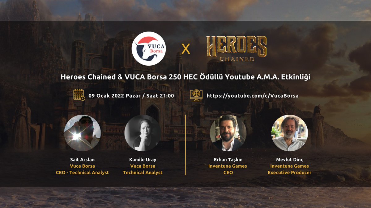 Heros Chained A.M.A Etkinliğimize herkesi bekliyoruz.
09 Ocak 2022 Pazar günü Saat 21.00'de <a href="/MevDinc/">Mevlut Dinc</a> <a href="/remdocan/">Kamile Uray</a> <a href="/mrbbensait/">Sait Arslan</a> <a href="/erhantaskin77/">Erhan Taşkın</a> ile
VUCA Borsa YouTube Kanalında
youtube.com/c/VucaBorsa
yapılacak bu keyifli sohbeti kaçırmayın.
#heroeschained #Avalanche
#P2E #Metaverse