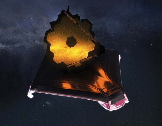Artist impression of the fully deployed James Webb Space Telescope in space. The observatory features a primary mirror with 18 hexagonal segments and a giant kite-shaped sunshield.