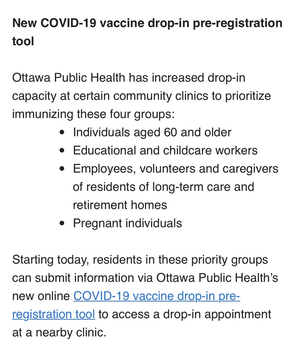 💉VACCINE UPDATE💉

<a href="/OttawaHealth/">Ottawa Public Health</a> has launched a registration tool for drop-in vaccine appointments for the priority populations listed below. 

If you fall under one of these categories you can sign up here: 

secureforms.ottawapublichealth.ca/vaccines/wait-…

Priority populations ⬇️