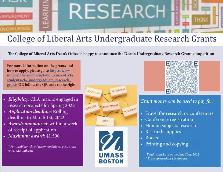 We are excited to announce the CLA Undergrad Research Grant Competition! This opportunity is available to any CLA major working on a research project for S22.
More info on how to apply can be found on the CLA webpage under “For Current Students.”
