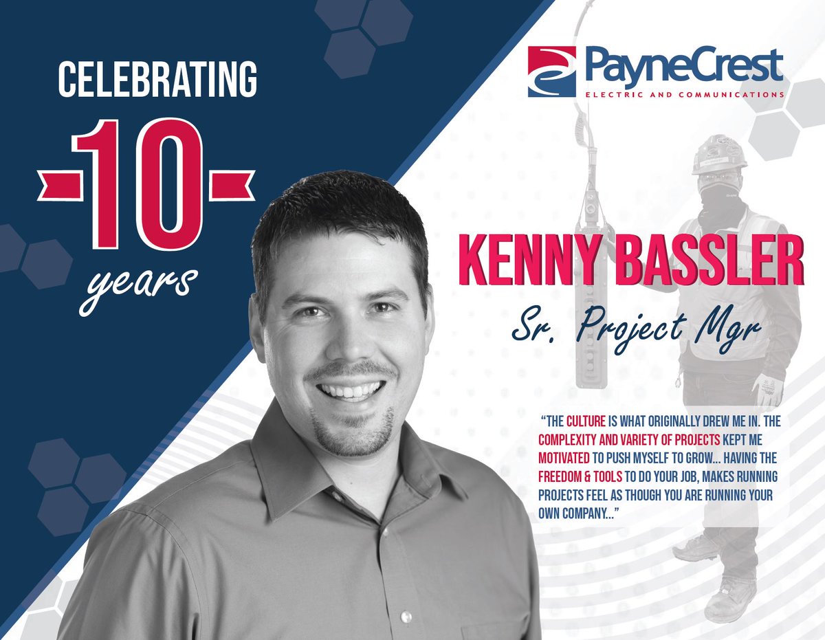 paynecrest's tweet photo. Congratulations to Kenny Bassler, Senior Project Manager for celebrating his 10th year with PayneCrest Electric! We are lucky to have you on our team. #workanniversary #milestone #culture #motivation https://t.co/axcLqPhhAM