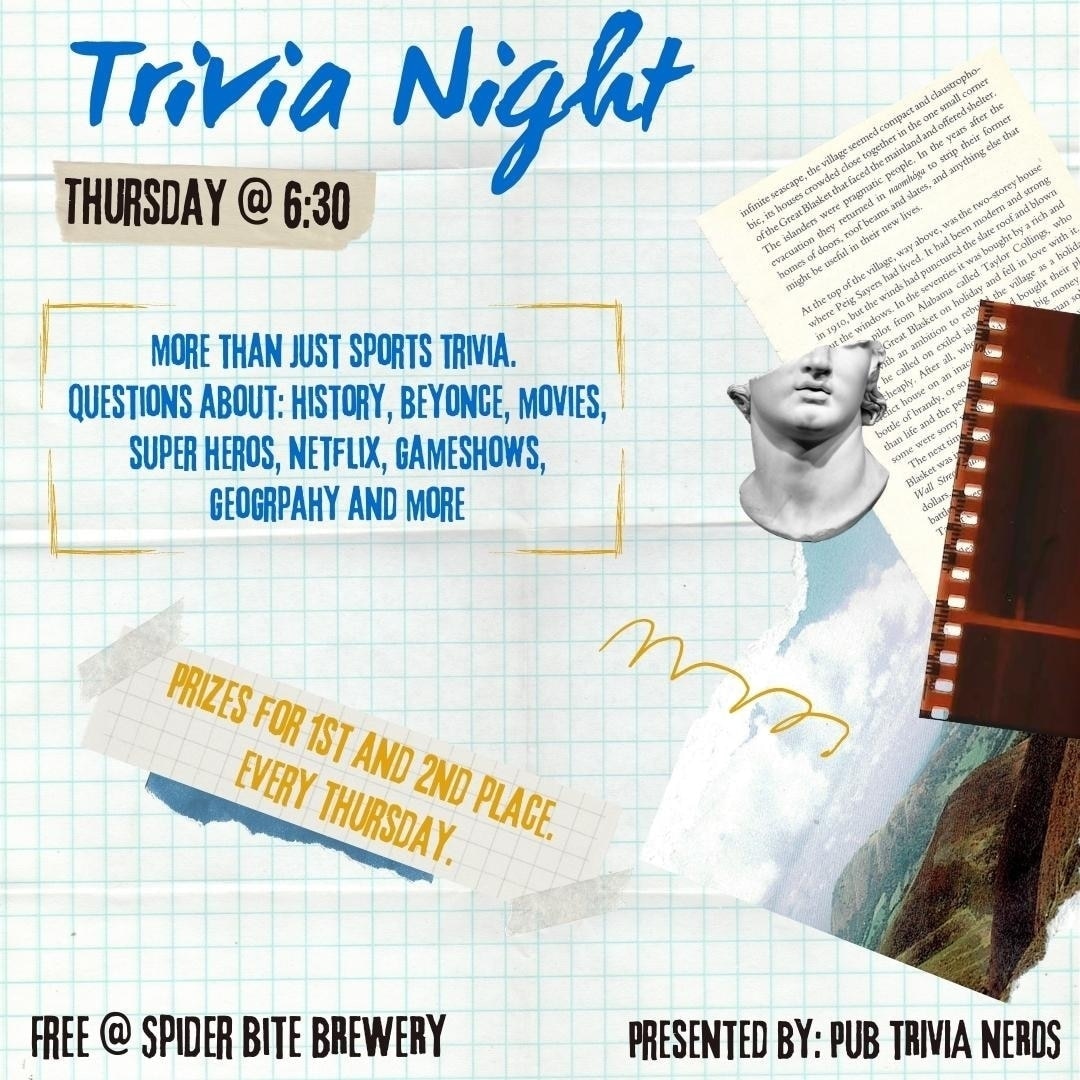 First trivia of the year. Starts at 6:30. Topic round is movies of the 2000s. Come win a prize.