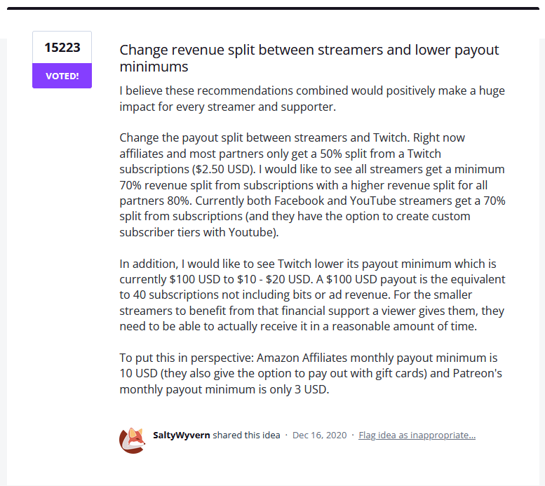 Streamers deserve a higher percentage for subs <a href="/Twitch/">Twitch</a> 

You can vote here if you want: twitch.uservoice.com/forums/310231-…
