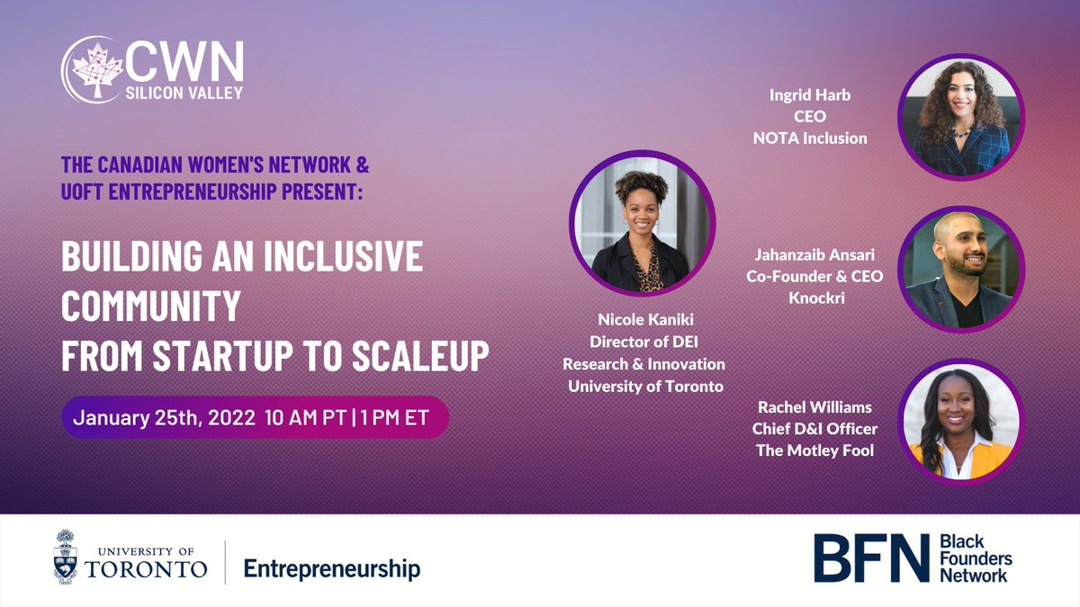 disruptionnorth's tweet photo. Did you know our Canadian Women's Network is hosting a panel of EDI experts on how to build startup #inclusivity?

Sign up now! 👉🏻 https://t.co/v49rseudmG

January 25, 2022 | 10:00 - 11:00 am PST

#Startuphiring #StartupEDI #EDI #WomenInTech #UofT #BlackFoundersNetwork @cwnsv https://t.co/t5SCI17Tbk