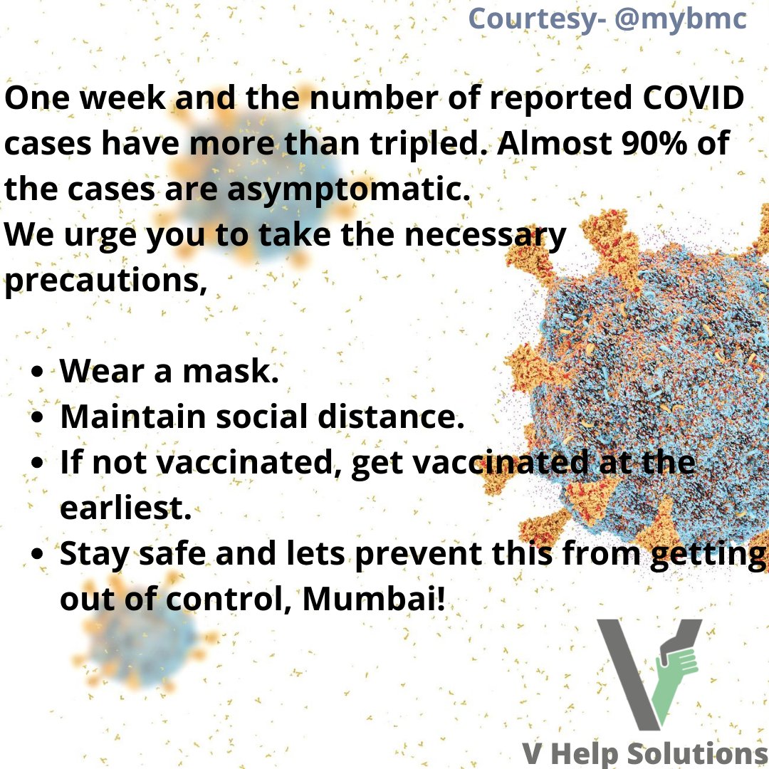 VHelpSolutions's tweet photo. Stay safe, keep distance, wear masks, get vaccinated, be vigilant, follow covid appropriate behaviour. Protect yourself and also others.
#Mumbai #MumbaiCoronaUpdate #Covid #COVID19 #OmicronVarient #India #trend #vaccination #MyBMCUpdates #IndiaFightsCorona #StaySafe #WearAMask https://t.co/UDnXv7h9S1