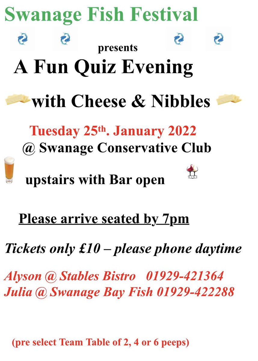 swanagefishfest's tweet photo. Don’t forget your tickets for the quiz night! Tues 25Jan 7pm at the Con Club. #quiz #fishfestival #swanage https://t.co/XXamGUtWYA