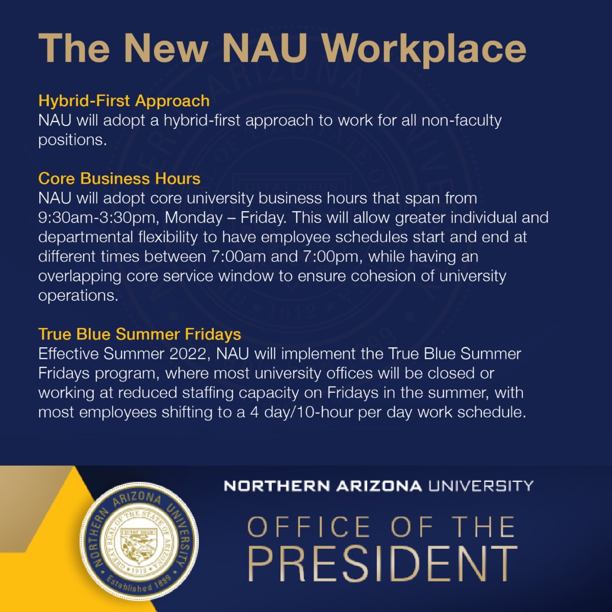 #CampusUpdate
How NAU can become a leading institution of #highered in hybrid &amp; remote work practices, while maintaining and enhancing the quality and impact of our services for our students.

A message from @NAUPresident on the New NAU Workplace: bit.ly/337Wkqn.