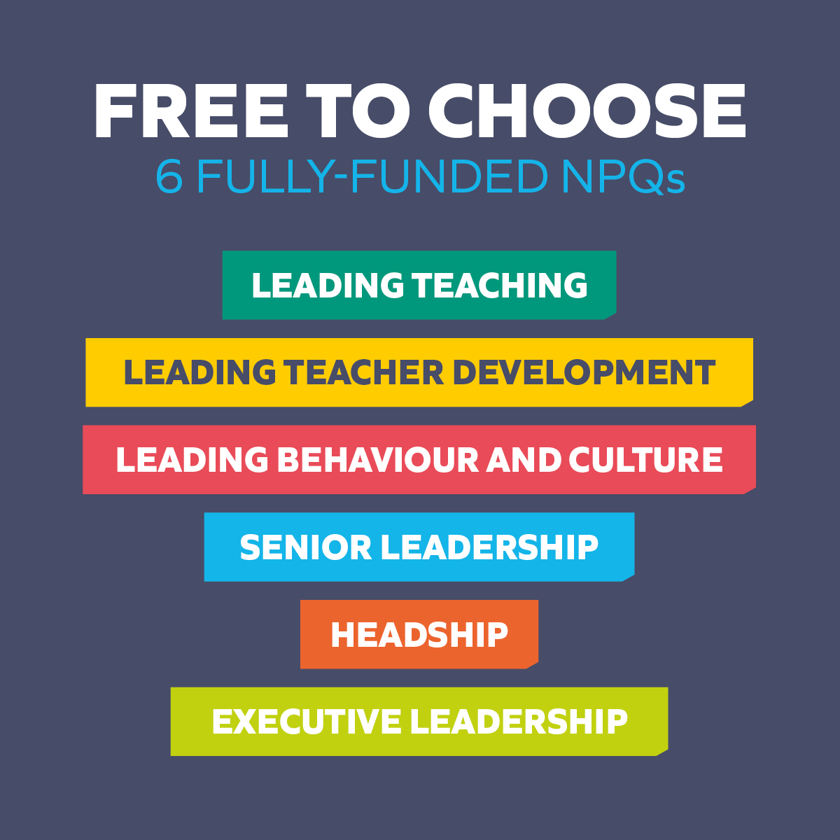 👍 Choose the NPQ that works for you!

You can develop your teaching career in the classroom or boost your leadership skills with one of the 6 new NPQs.

NPQs are free and now available for all state schools. 

Apply by 18 January 👉 ow.ly/ibPz50Horh0