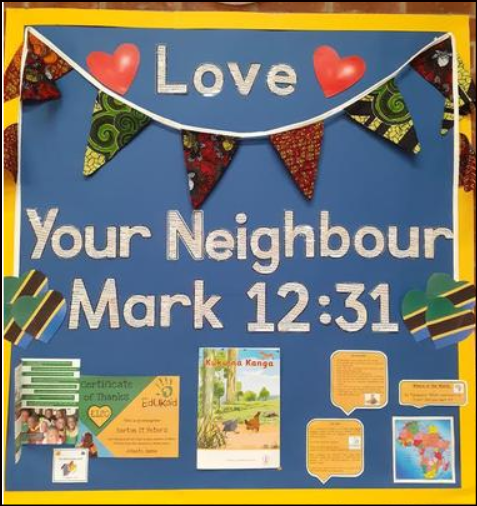 EdUKaid's tweet photo. Wonderful to see our friends at Barton CE Primary School in #northlincs promoting the important message ‘love your neighbour’ by displaying information on their Link with Mbuo Primary in #Tanzania 🇹🇿

#schoollink #globalcitizenship #loveyourneighbour #connectingclassrooms https://t.co/1eyrgUifcD