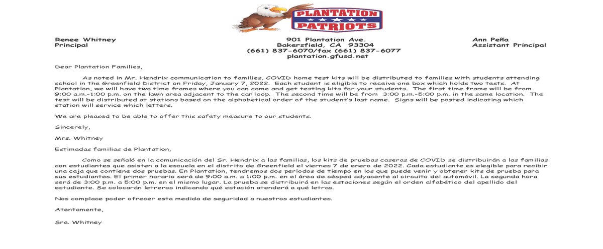 ProsperityElem1's tweet photo. COVID home test kits will be distributed to families with students attending school in the Greenfield District. Please read letter for dates and locations. https://t.co/jfrF1k0U2S