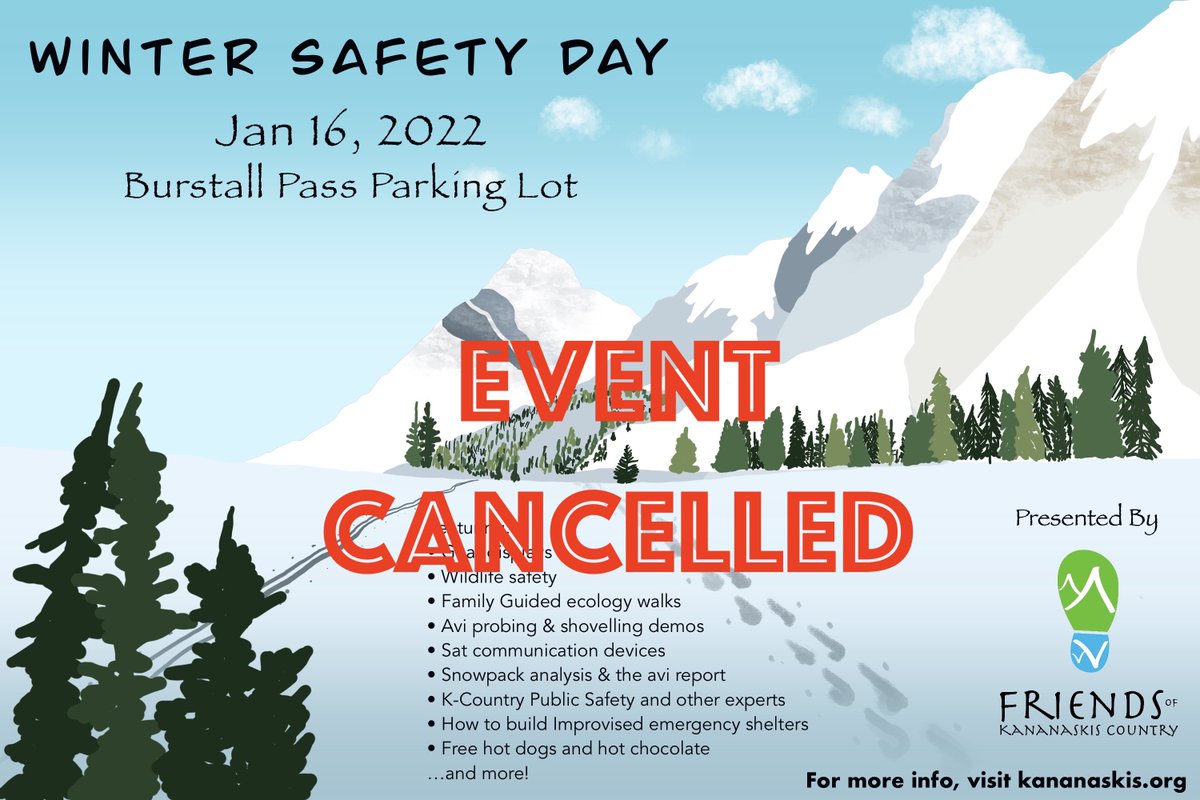 FriendsofKC's tweet image. We are sad to announce Winter Safety Day, planned for Jan 16, has been cancelled.
We will be looking at ways to share winter safety information from experts interactively. In the meantime, check the FKC website for winter safety information. kananaskis.org/winter-safety-…