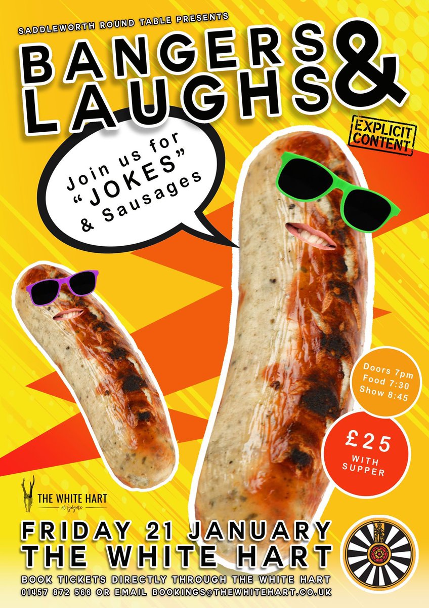 SaddRT558's tweet photo. 💥 BANGERS &amp; LAUGHS IS BACK 💥 
In need of a lift this January?
Saddleworth’s premier comedy night returns to the White Hart!

😆 Friday 21st January
😆 £25 per ticket, includes supper!
😆 Doors 7pm
😆 Booking can be made via the White Hart app also!

Limited tickets available! https://t.co/ZqcZlYuH1X