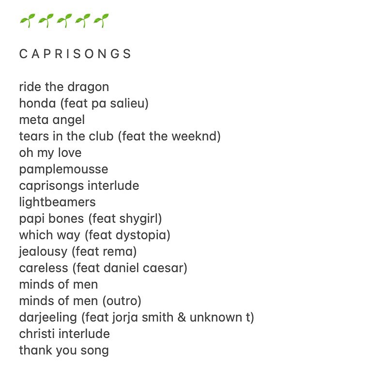hey i made you a mixtape, because when i feel you, i feel me and when i feel me, it feels good…

CAPRISONGS is my journey back to myself through my amazing collaborators and friends.