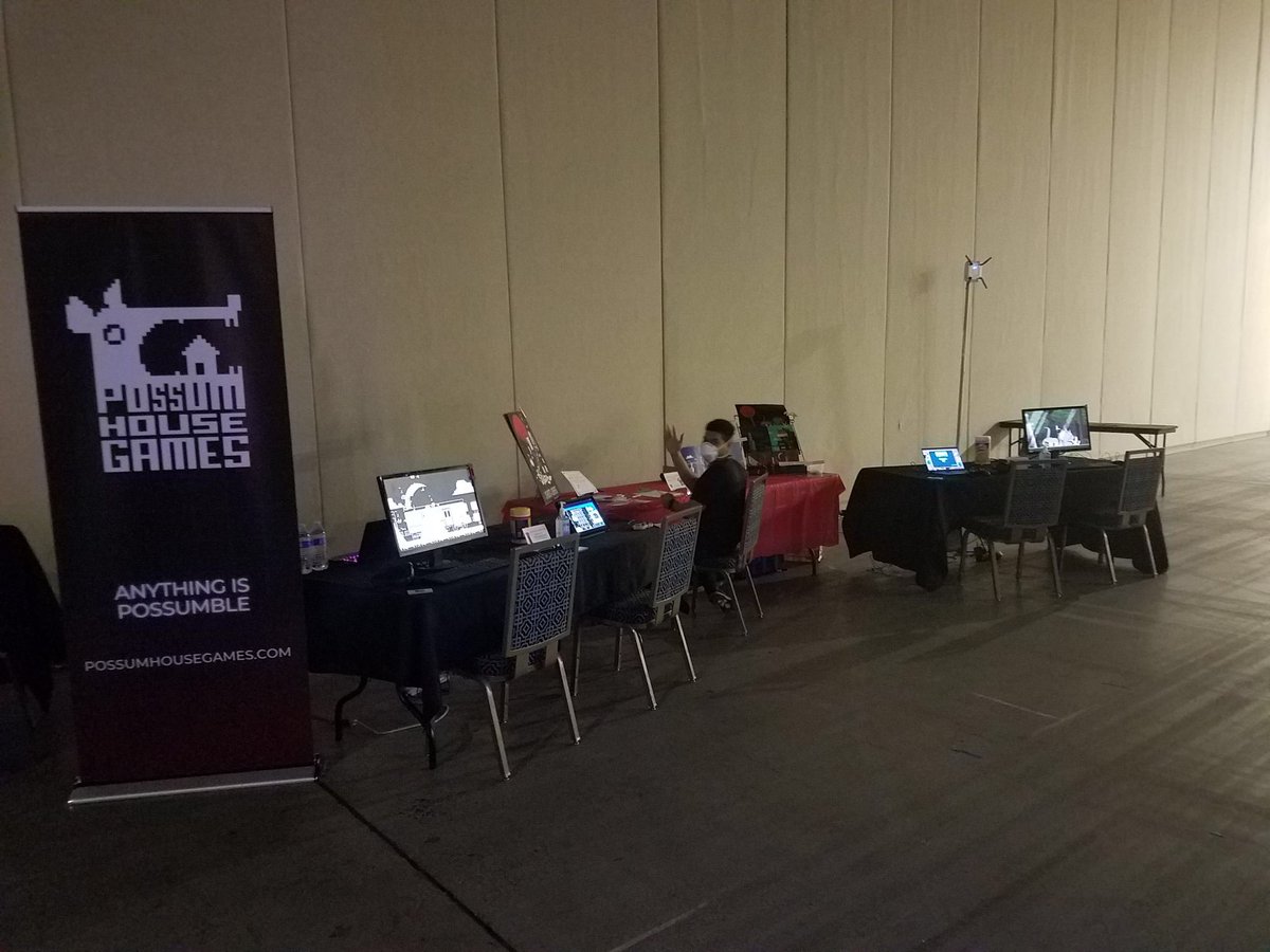 The setup before opening today! We’re pumped about the new banner and our sweet double sized booth to show off both #SpaceCat9 and #ShotInTheDark! Come visit us at Booths 30 and 31, enter our #pistolsatdrawn giveaway, play awesome games and hang with awesome possums! #MAGFest2022
