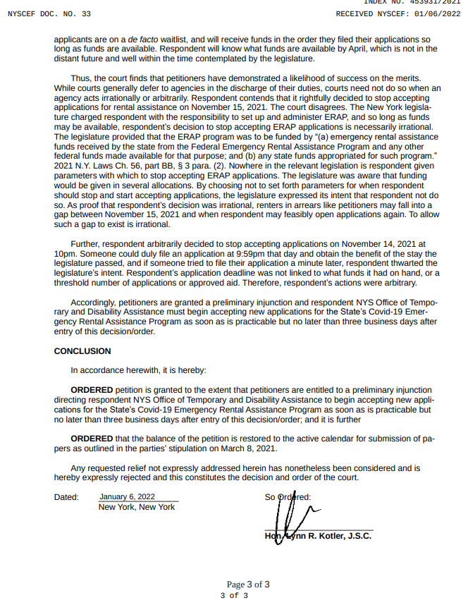 LegalAidNYC's tweet photo. #BREAKING: We just secured a ruling which orders the Hochul Administration to reopen New York's Emergency Rental Assistance Program (ERAP) portal within three business days or by Tuesday, January 11, 2022 at the latest. https://t.co/ItHBu0OUGJ