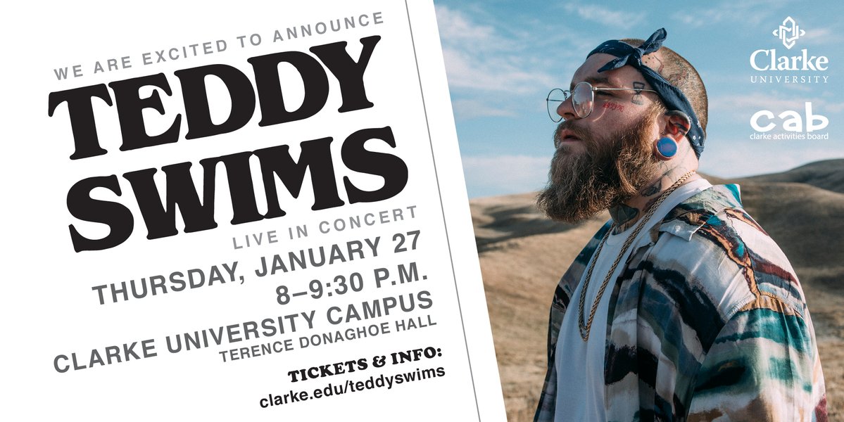 ClarkeU's tweet photo. Have you hear heard of Teddy Swims? He will be performing in TDH on January 27 at 8 p.m. Come see why Rolling Stone named him the 2021 “Artist to Watch.” More information at https://t.co/n9EwLRn6MM
#TeddySwims 
@Clarke_CAB https://t.co/FN54Q2wFpf