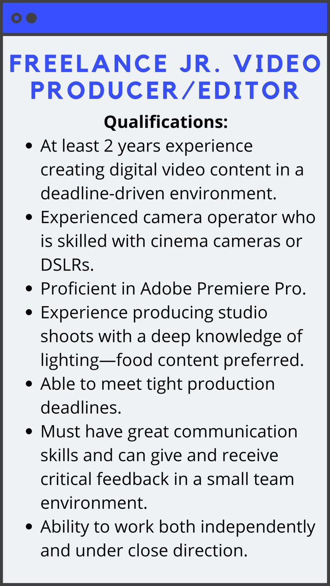 ChelseaLupkin's tweet photo. In some 'Delish' news, we're looking for a freelance junior video producer/editor in NYC. Shoot me a DM if you're interested with links to your work and a resume. 🎥🍕 https://t.co/e8X3yRY531
